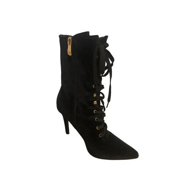 Cape Robbin Velvet Stiletto Victorian Lace up Boots with Pink Embroidered Roses - Picture 7 of 13